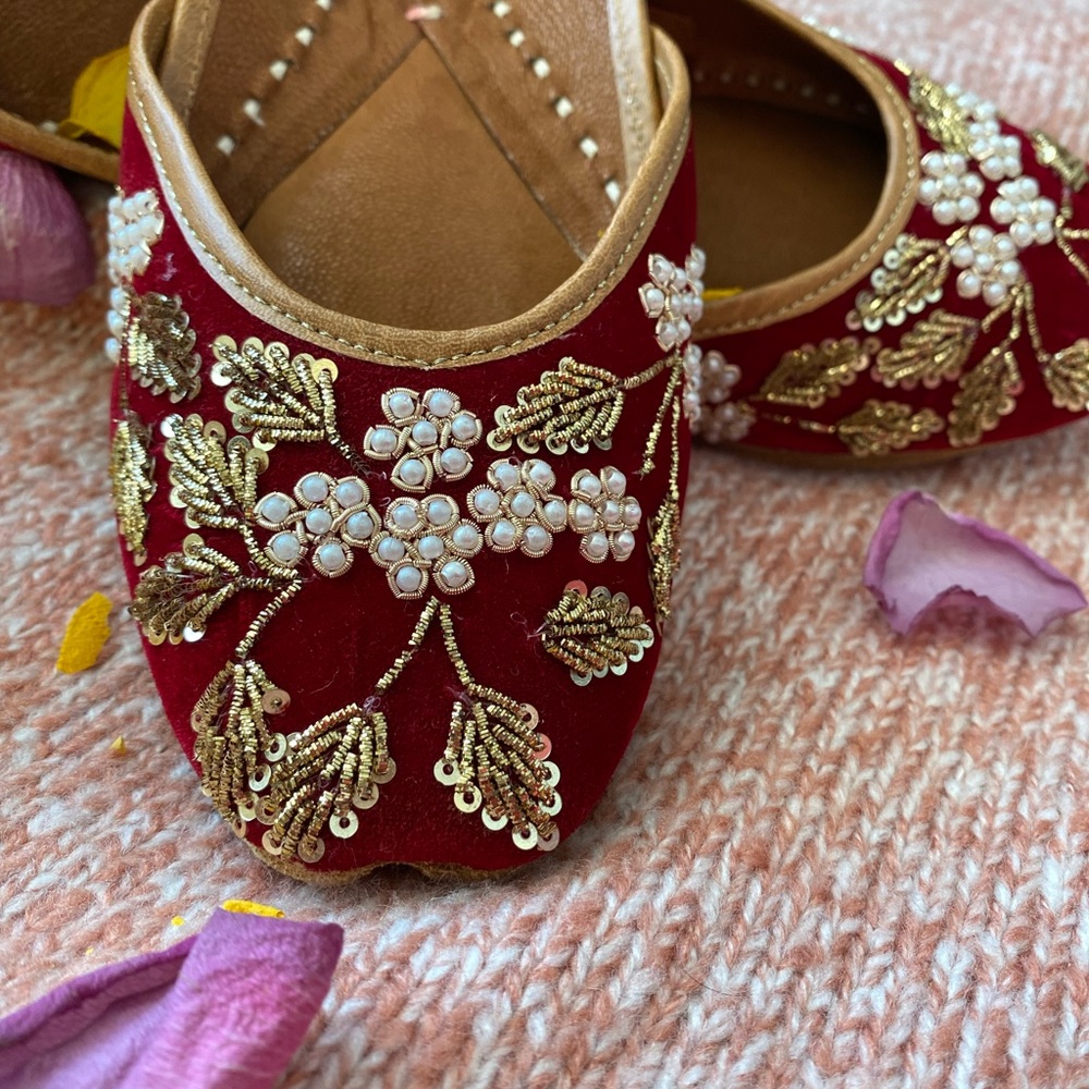 Red pearl and white beaded Shoes